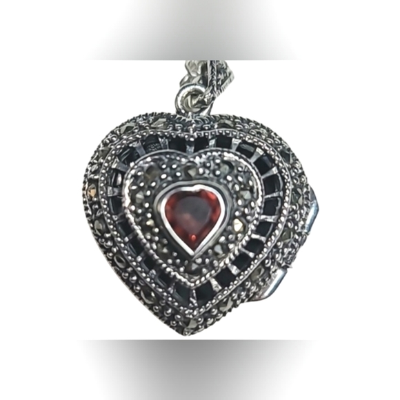 Dee Berkley Pure 925 Sterling Heart Locket Necklace Garnet Marcasite - Picture 2 of 8